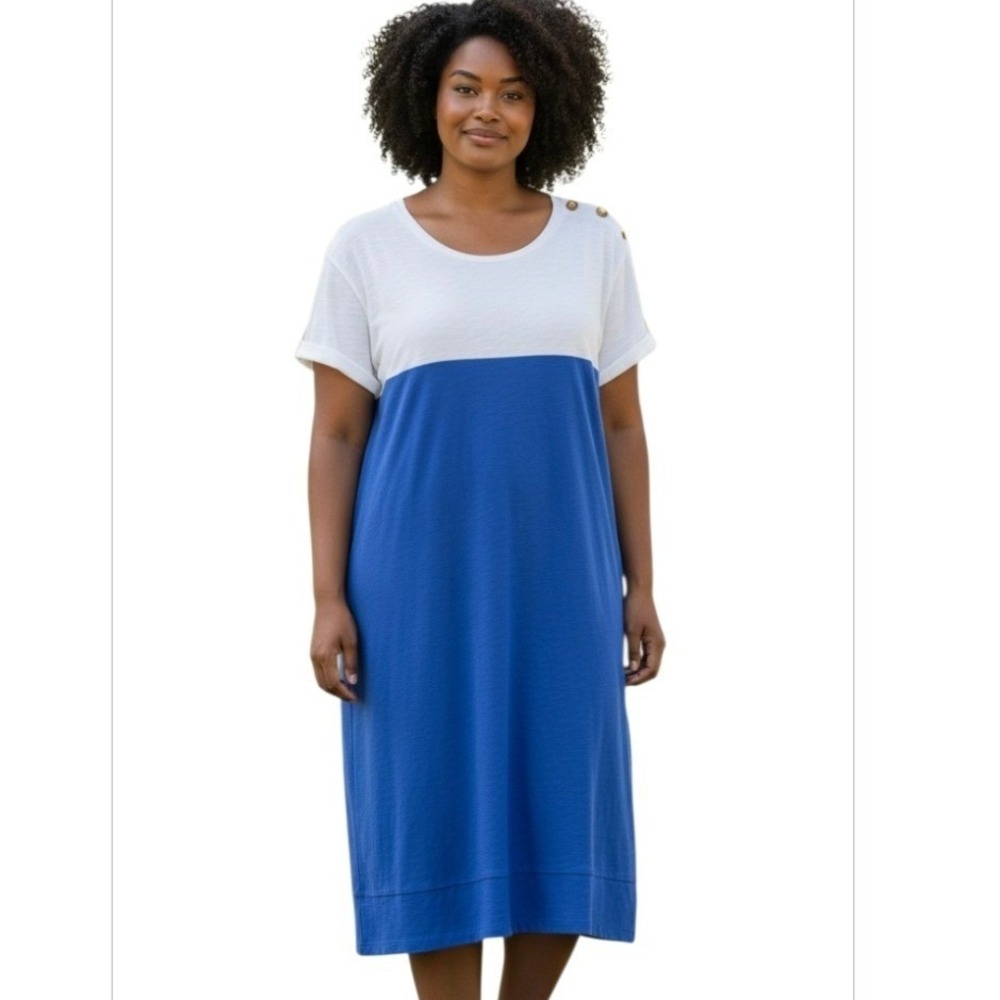 Nicole Miller New York Blue White Colorblock Cotton T-Shirt Dress Large